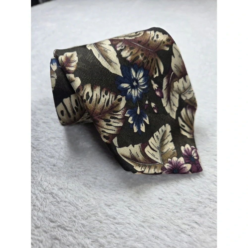 Vintage Mario Valentino Silk Tie Italy Floral Botanical Blue Burgundy Designer
